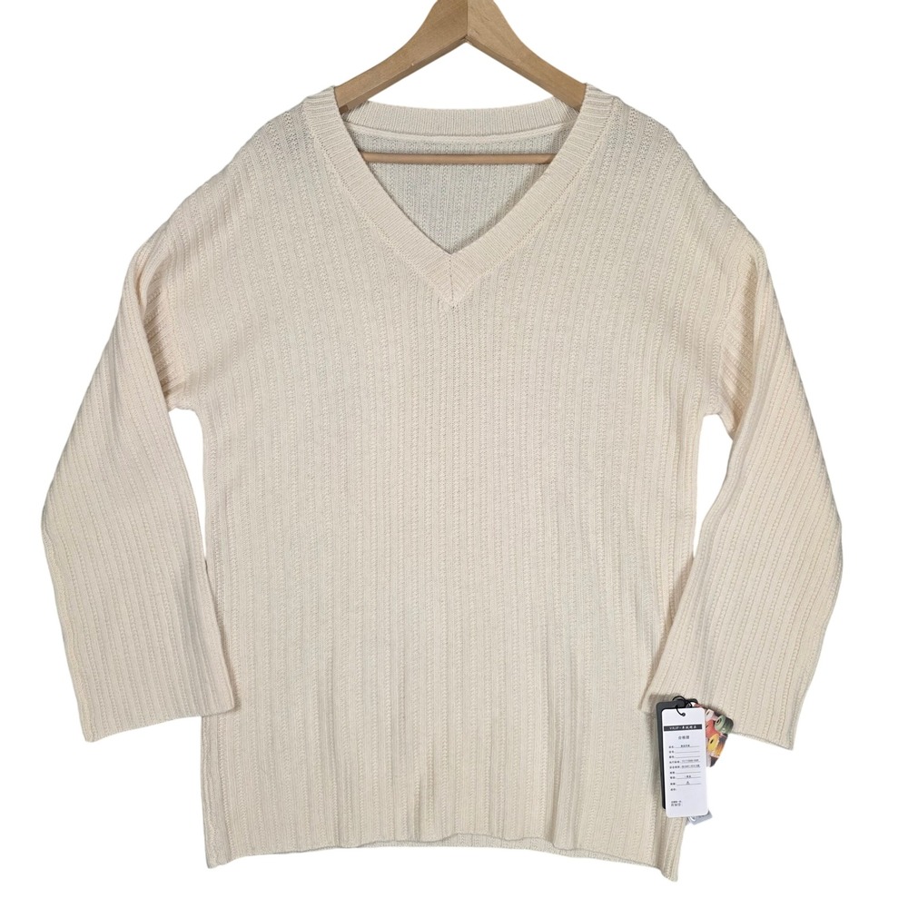 V-Neck Knitted Long Sleeve Sweater Women L Cream NEW Cashmere Quiet Luxury Fall